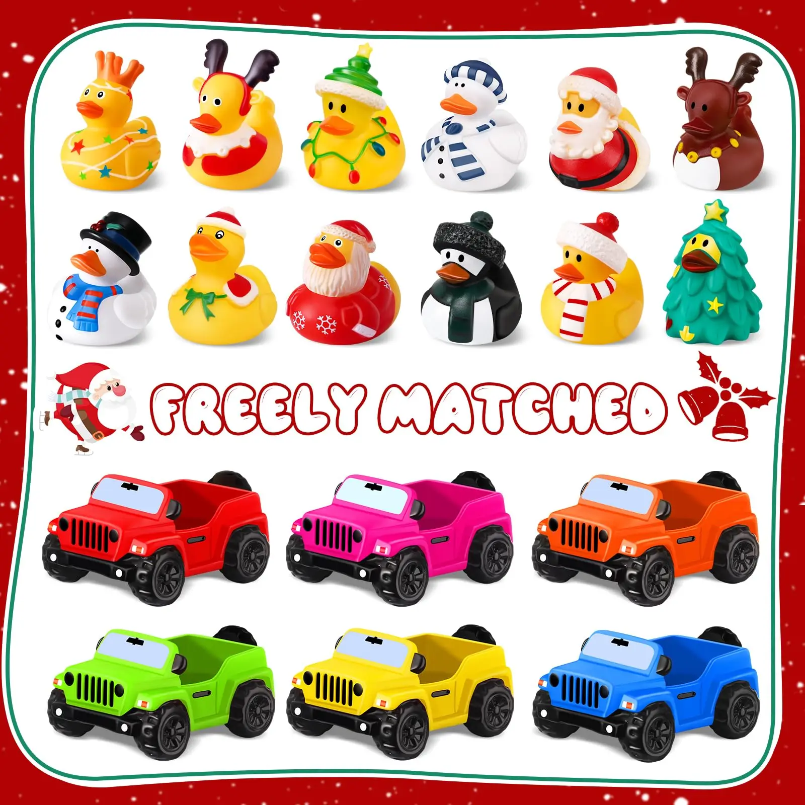 24 Pcs Christmas Jeep Ducks Rubber Ducks, 3.5 Inch Jeep Ducks for Ducking, Jeeps Suitable for 2 Inch Ducks, 12 Christmas Rubber 2
