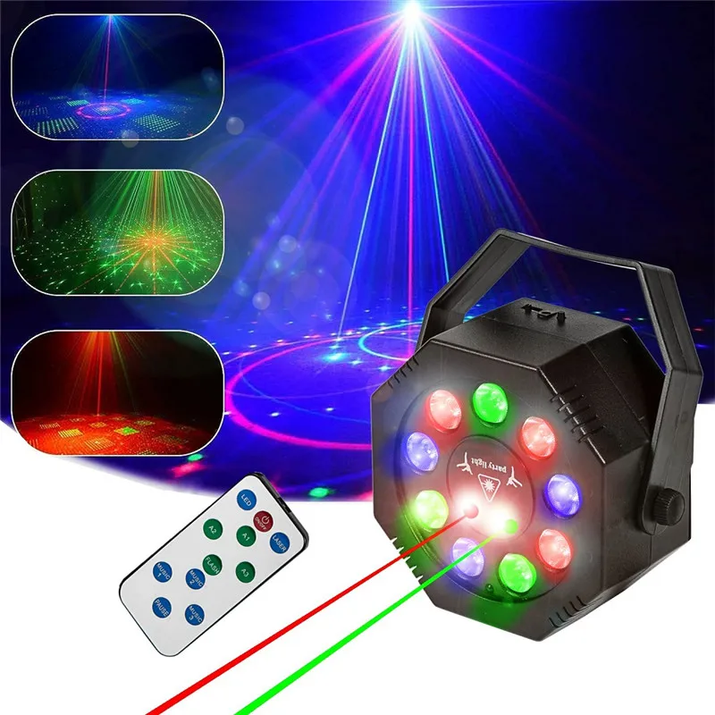 DJ Disco Projection Party Lights Red Green Laser 9 LED Strobe Sound-activated Stage Disco Light Family Festival Christmas Party