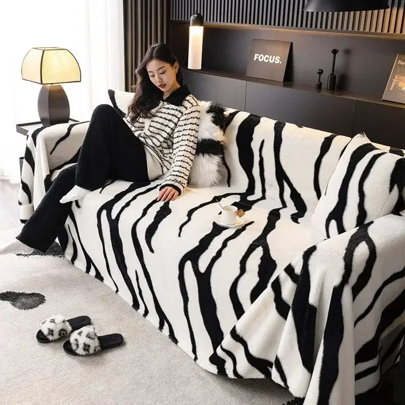 Light Luxury Rabbit Plush Sofa Cover Cloth Thick Anti Slip L Sofa Towel Leopard Print Backrest  Autumn Winter Couch Mat Blanket 4