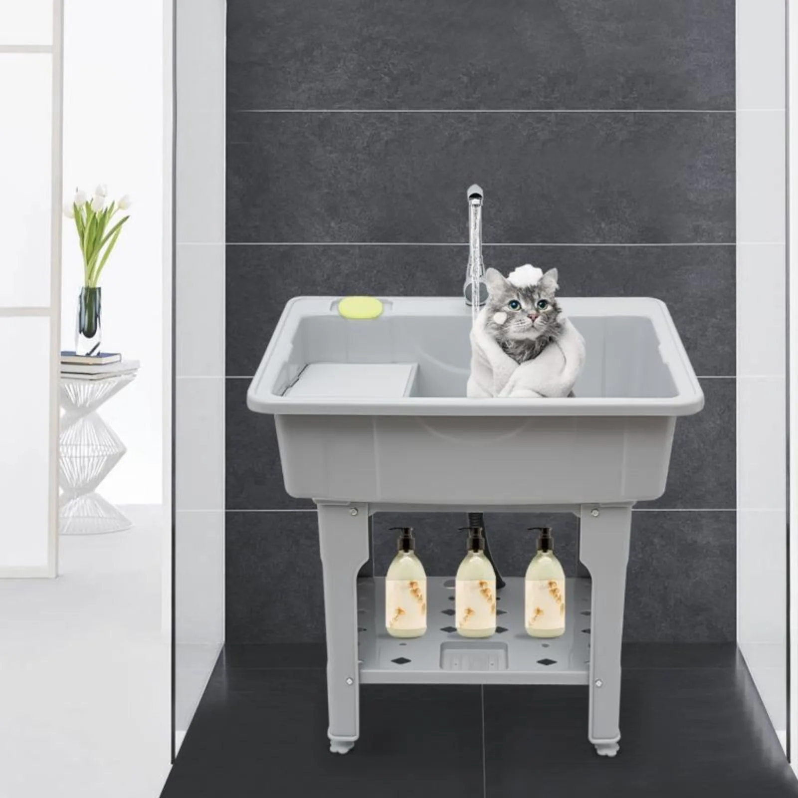 Utility Sink with Storage Shelf Slop Sink Single Bowl with Tap Washing Station Laundry 200kg Gray