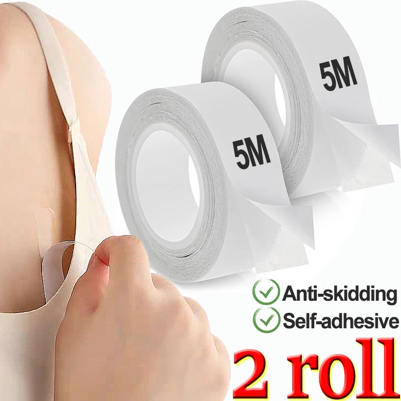 

2 Roll Anti-skid Tape Lady Collar Anti Exposure 5M Sticky Sticker Strip Transparent Lingerie Tape Safe Fashion Double-sided Tape