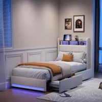 Lit pour enfants Rosahqnda, 90x200CM, lit simple, avec lumières LED et chargeurs USB, lit de rangement avec tiroir et étagère, beige/noir 3