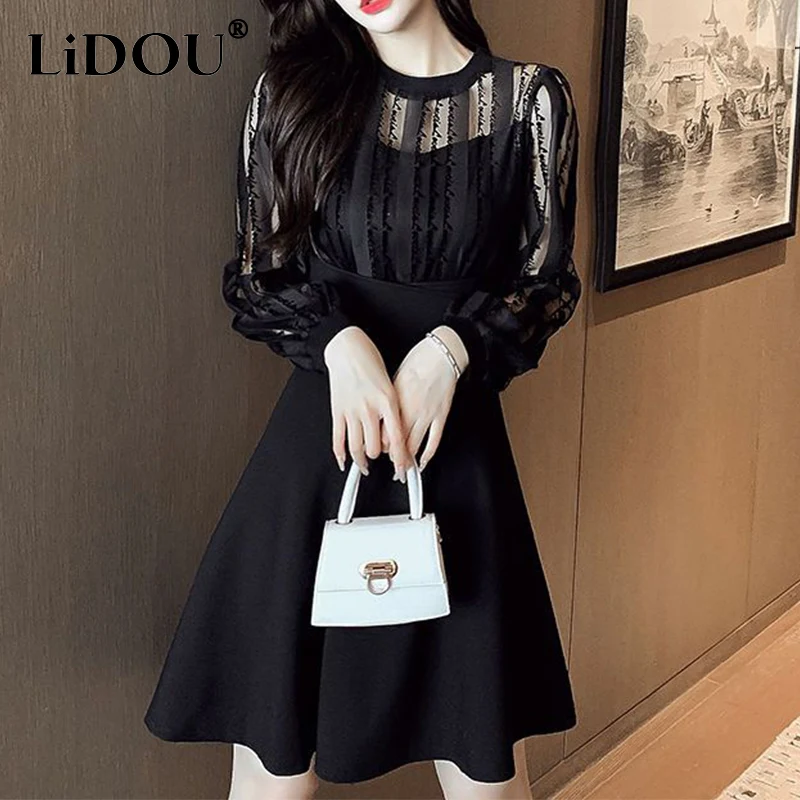 

Spring Summer Women's Elegant Fashion Mesh Patchwork Dress Ladies Long Sleeve Waist Black Vestido Female Perspective Robe Femme