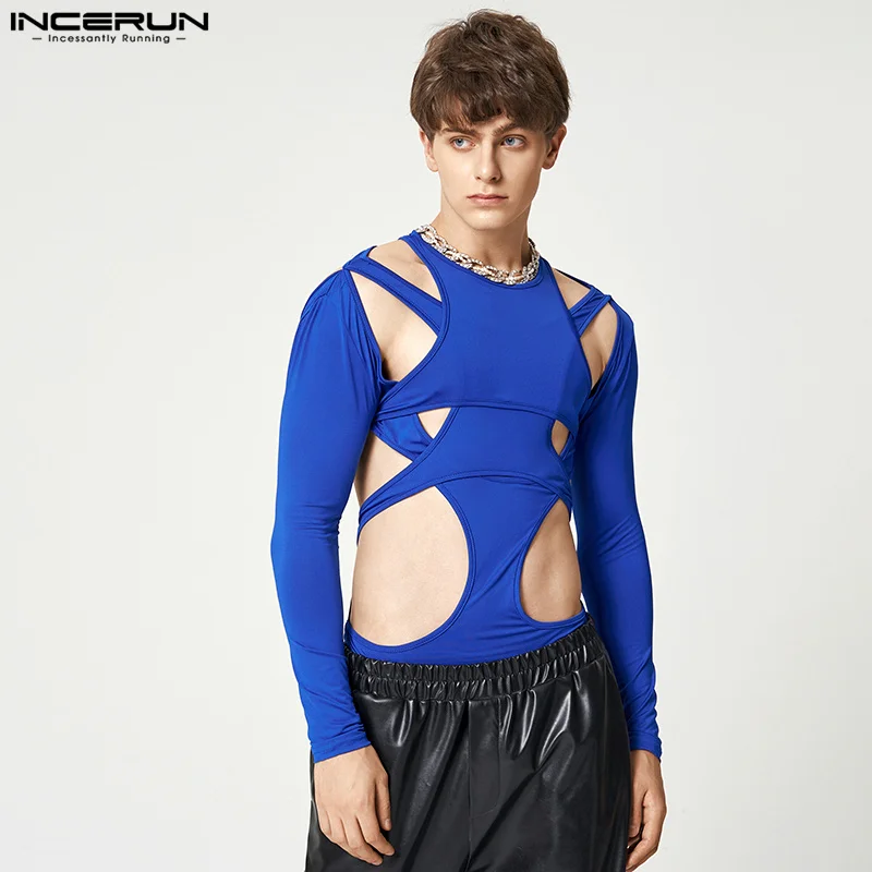Sexy Leisure Style Loungewear Men's Hollow Onesies Stylish Male Jumpsuit Solid Long Sleeve Triangle Bodysuits S-5XL INCERUN