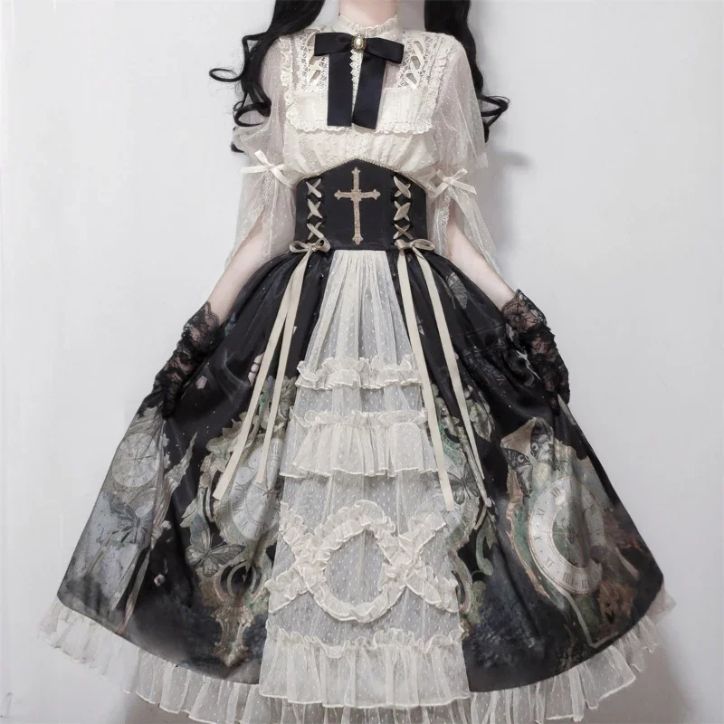 Victorian Gothic Lolita Dress Kawaii Women Sweet Lace Sleeve Blouses Butterfly Print Princess Skirt Vintage Elegance Lolita Sets