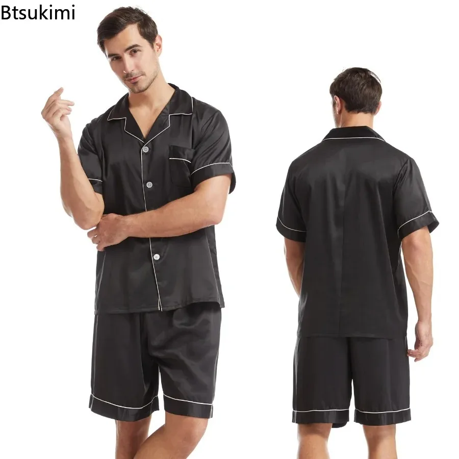

New 2024 Summer Pajamas for Men Short Sleeve Shirts and Shorts Soft Silk Solid Nightwear Sleepwear Cute Home Service Suit Male