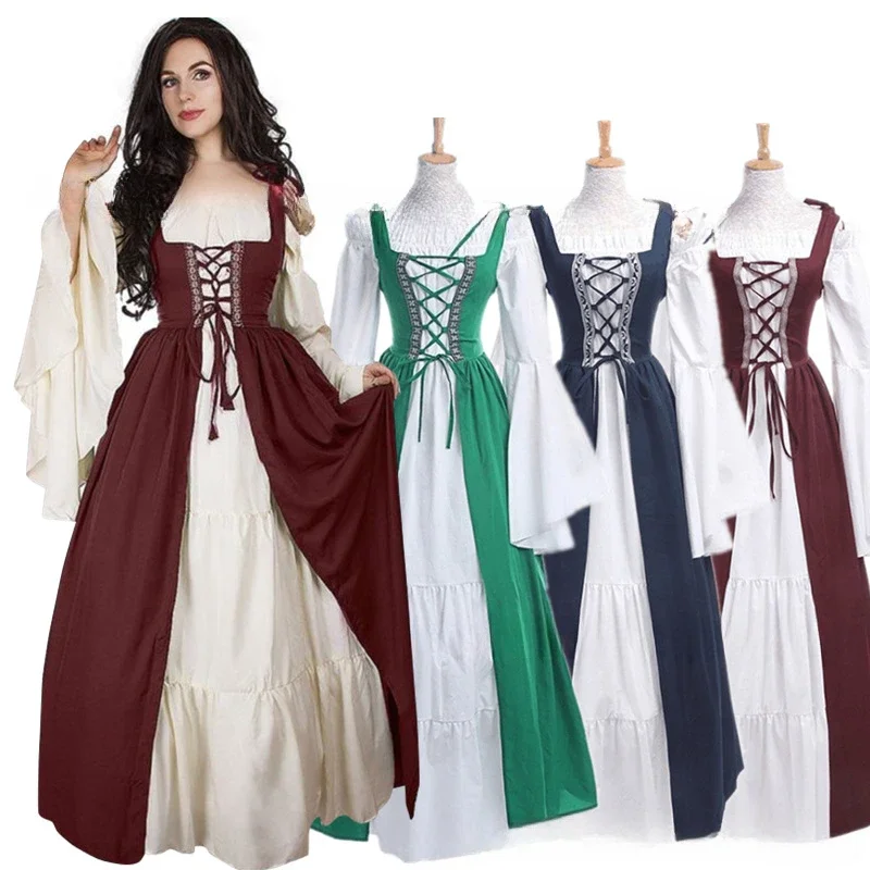 

Halloween Costume Square Neck Bundle Waist Medieval Renaissance Retro Dress Cosplay Costumes Women