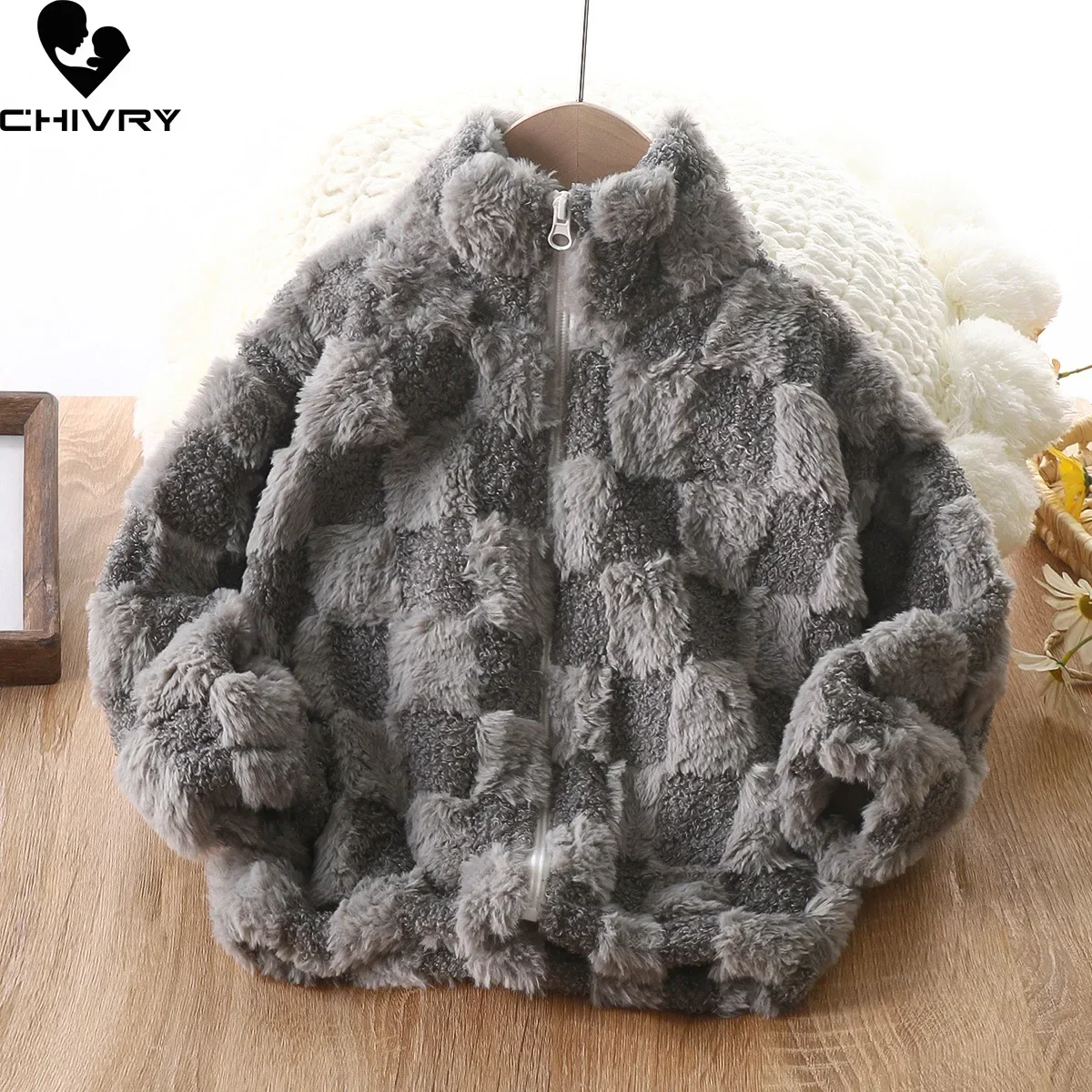 

New 2023 Kids Autumn Winter Thicken Warm Flannel Coat Baby Boys Girls Fashion Plaid Stand Collar Zipper Jackets Casual Outerwear