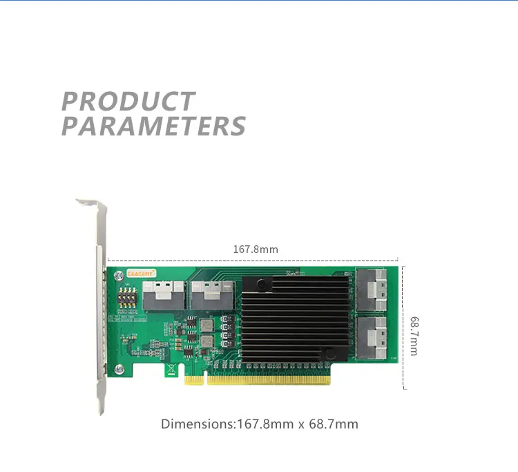 Description Picture 3 of itemCEACENT CNS44PE16 NVMe SSD to PCIe Adapter, PCIe 3.0 x16 4*SFF-8654(x8) for NVMe U.2 or PCIe Extend, No PCIe Bifurcation Need