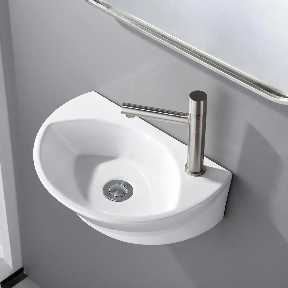 Ceramic Small Wall Mount Bathroom Sink High Gloss Glaze Mini Floating Bath Basin Hung Rv Bathroom Easy Install Length16.5" 2