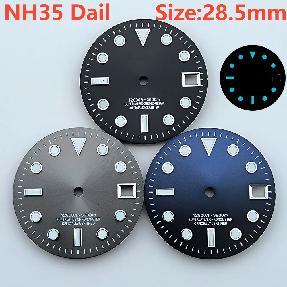 NH35 무브먼트용 시계 다이얼, S 다이얼, 블루 야광, 시계 액세서리, 수리 도구, 28.5mm