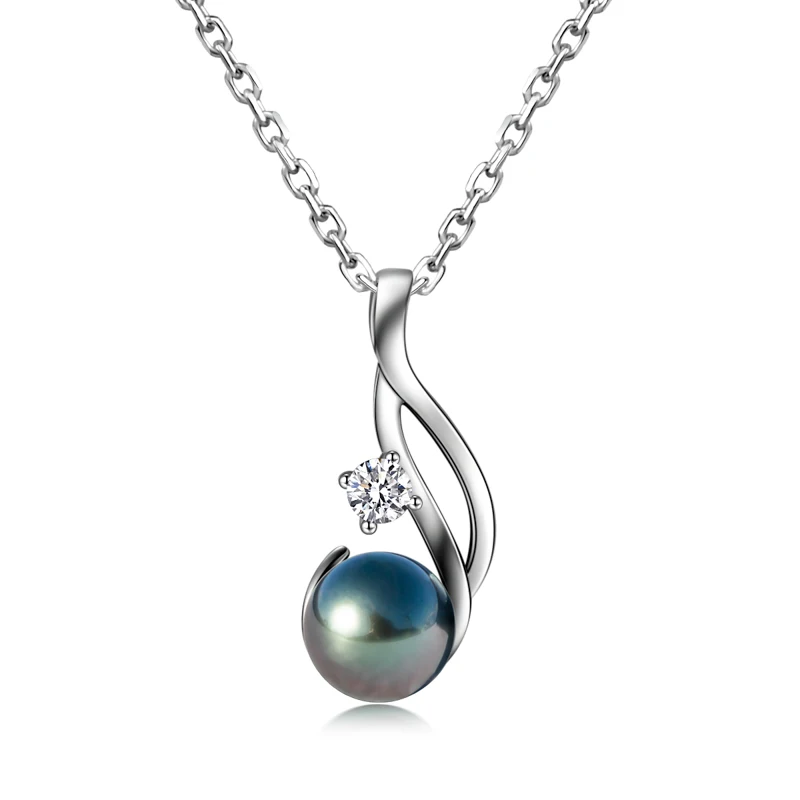 AnuJewel 천연 타히티산 블랙 펄 모이사나이트 펜던트, 0.3ct 생성 다이아몬드 펜던트 목걸이, 기념일 선물, 9-10mm 