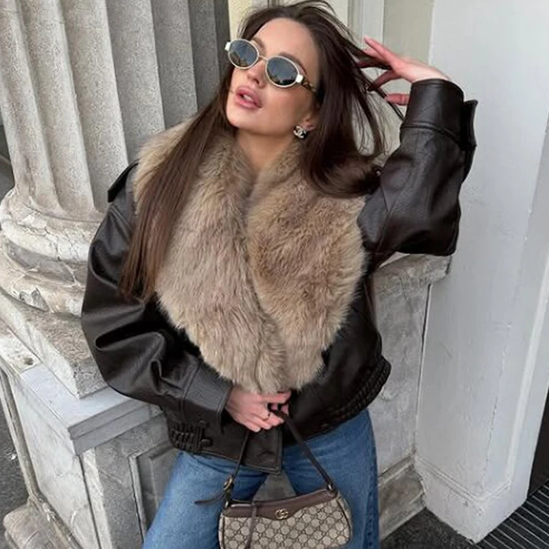 Women Winter Loose Thicken Faux Leather Jacket Fashion Removed Big Fur Collar Causal Coat High Street Double Breasted Outwear