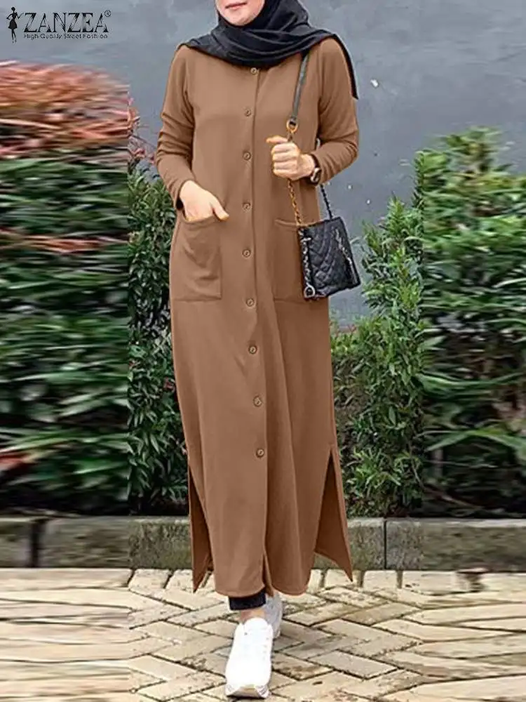 

Muslim Fashion Long Shirt Dress Abayas For Women Long Sleeve Buttons Sundress ZANZEA Eid Mubarek Abaya Robe Femme Isamic Vestido