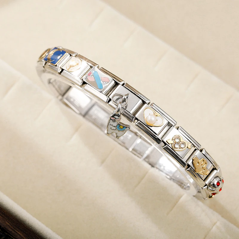 Stainless Steel Bracelet Hapiship Romantic Rainbow color Heart Flower Wing Italian Charm Links Fit 9mm DIY Making DJ481