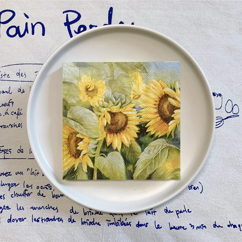 20Pcs/Bag Vintage Sunflower Decoupage Paper Napkins Yellow Floral Paper Tissues for Party Tableware Xmas Supplies 25x25cm