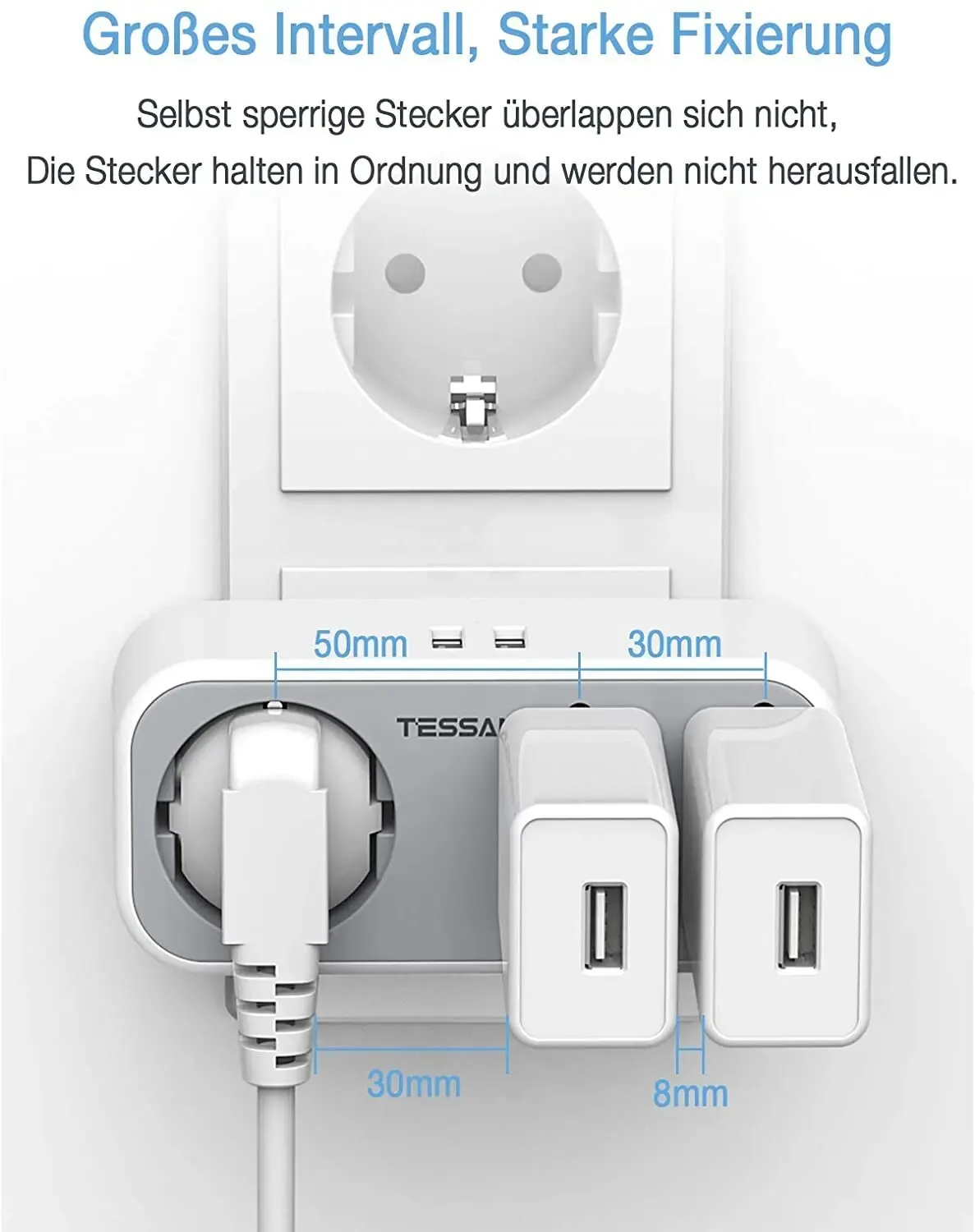 TESSAN EU Plug Wall Socket Extender with 3 AC Outlets +2 USB Ports 5V 2.4A Adapter 5-in-1 Plug Socket with Overload Protection power strip plug adapter electrical socket power socket wall socket extender
