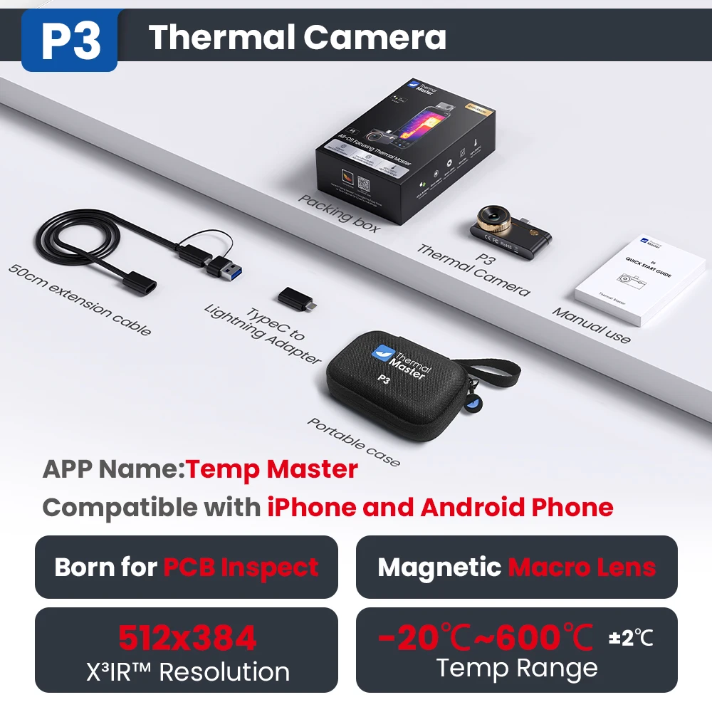 Caméra thermique P3 pour téléphone ios iPhone et Android, objectif Macro, résolution 512x384 X3IR, Circuit imprimé PCB, réparation de téléphone 600 ℃