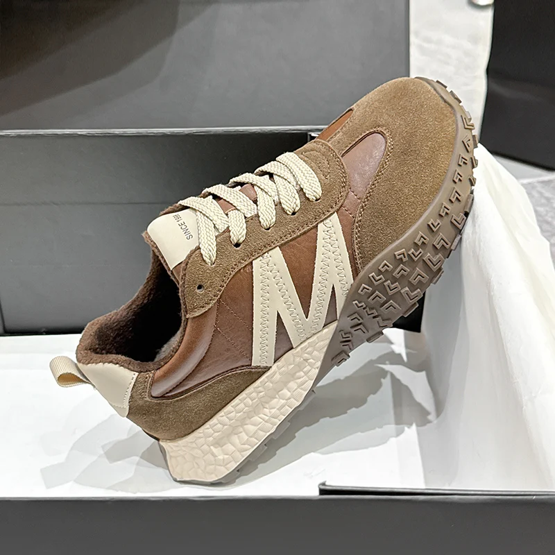 AUTUSPIN Winter Retro Vulcanized Shoes Women Suede Leather Lightweight Sneakers Leisure Outdoor Thick Soled Female Warm Shoes 3