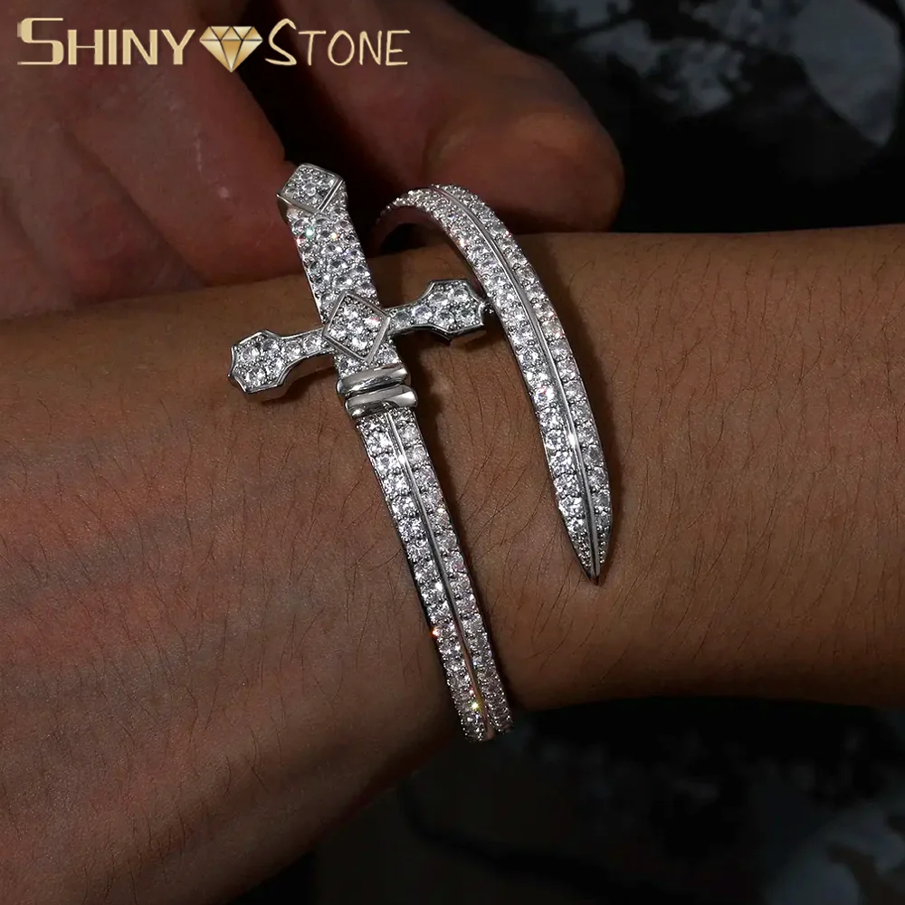 2023 New Hiphop Iced Out Bling CZ Justice Sword Bangle Gold Color