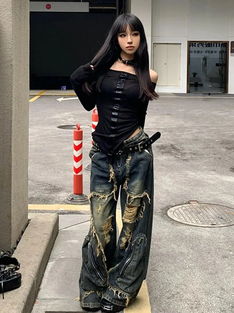 Y2K High Street Ripped Tassel Washed Baggy Jeans Woman Retro Street Hip-hop Loose Old Fashion Casual High Waist Wide Leg Jeans 6