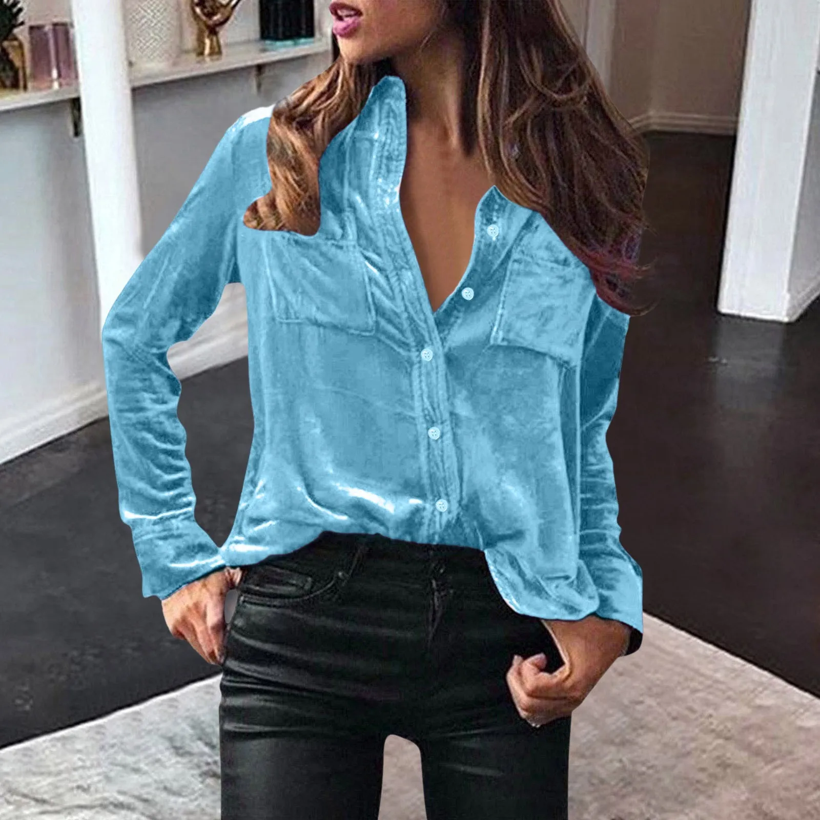 

Velvet Shirts For Women Soft Comfortable Top Blouse Long Sleeve Solid Elegant Shirt Button Blusas Daily Casual Harjauku Winter