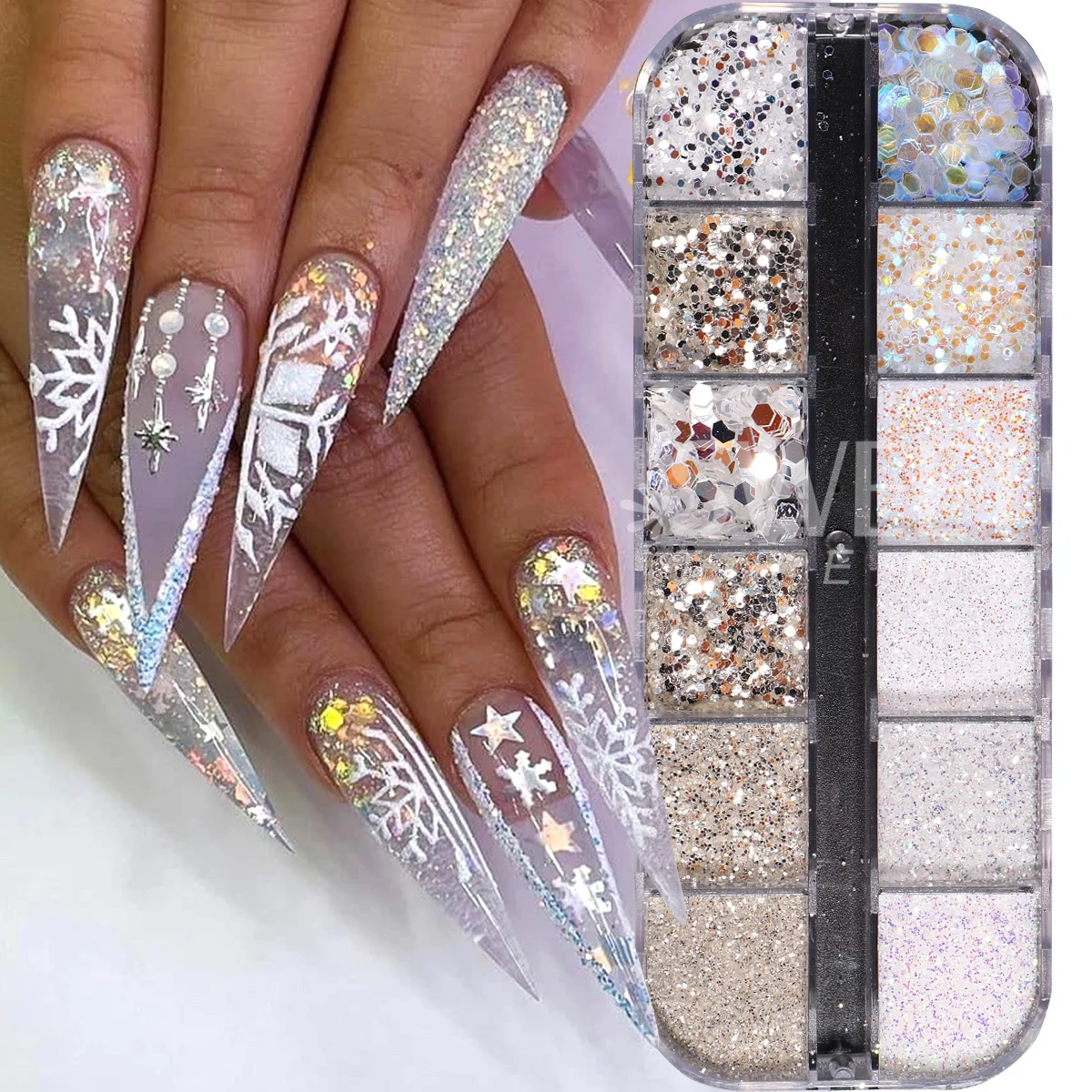 2 Boxes Winter Nail Art Sequins Shimmer Glitter Clear Snowflakes Hexagon Flakes Sugar Sweater Pigment Christmas Manicure Decor