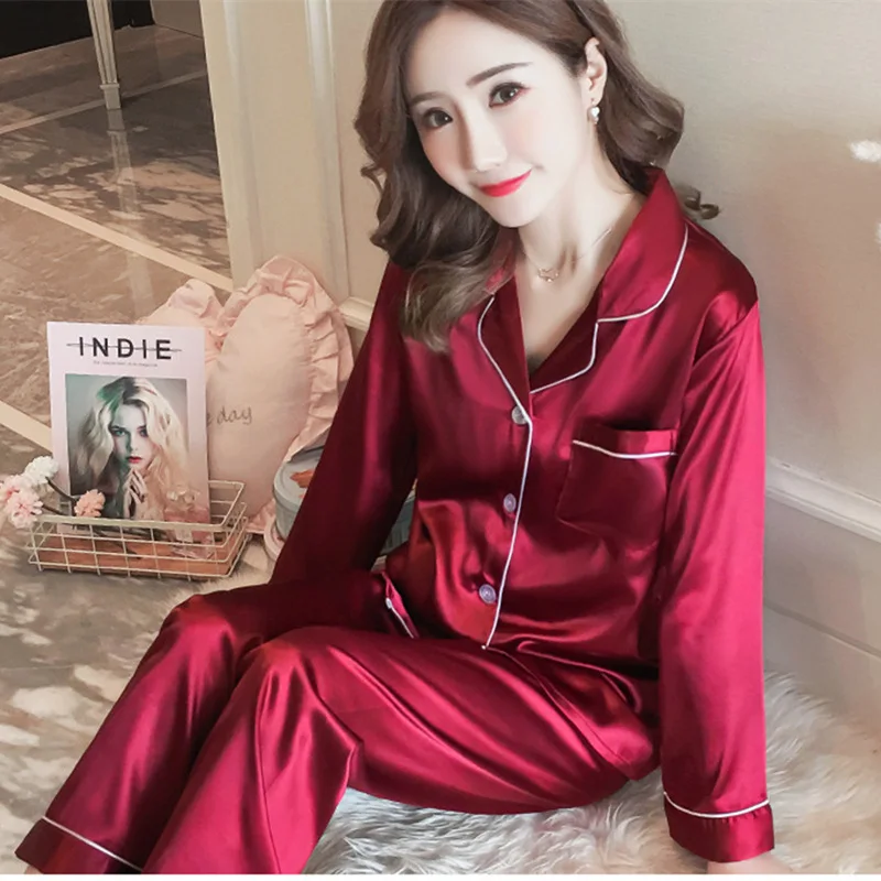 Autumn Winter Women’s Ice Silk Pajama Set Long Sleeve Cardigan 19