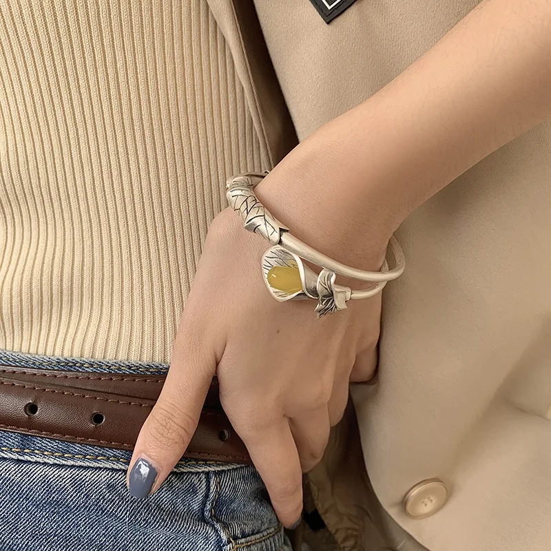 

Thai silver retro s925 sterling silver horseshoe flower bangle female folk style bracelet