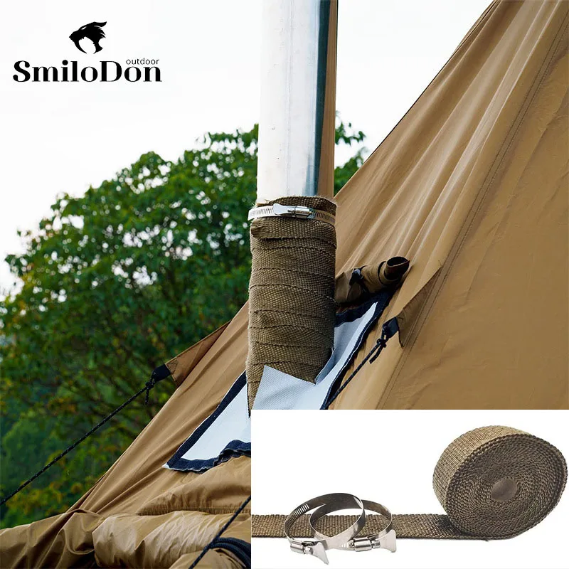 SmiloDon 5m*5cm DIY Tent Stove Fireproof Ribbon Adjustable Insulation with 2 Clamps Fireproof Pipe Glassfiber Cloth Accessories