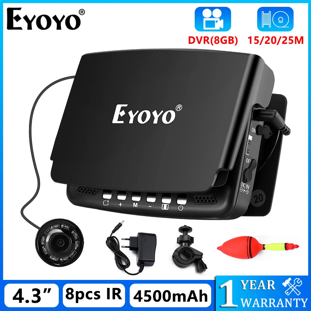 Eyoyo DVR 기능이 있는 수중 어군 탐지기, 4.3 인치 컬러 디스플레이, HD 1000TVL 백라이트 제어 가능 IR 카메라, 얼음 낚시, EF43A 
