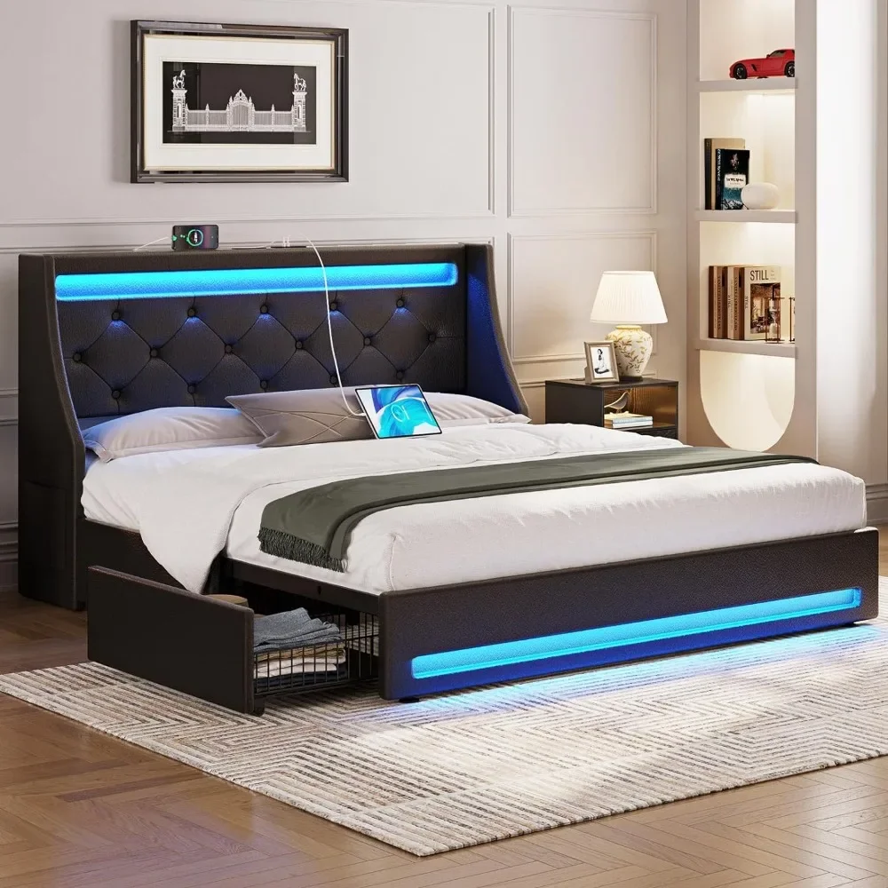 Queen size bed frame with LED light charging station, PU leather bed with drawers, wooden slats, noiseless and easy to assemble