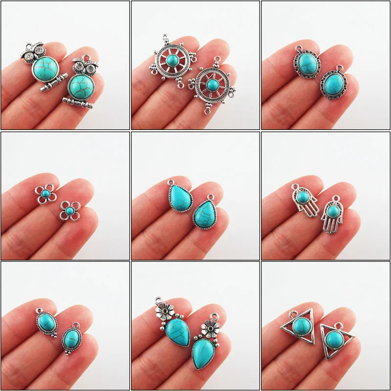 

Retro Tibetan Silver Plated Animal Triangle Flower Palm Teardrop Oval Turquoise Stone Charms Pendants