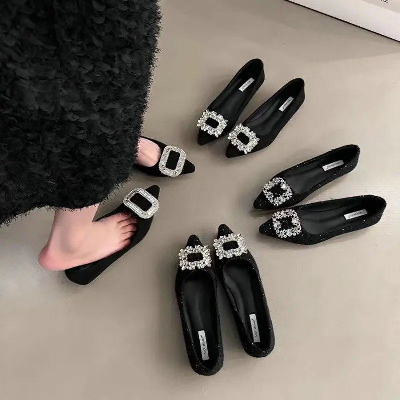 Pointed Flat Shoes for Women's Spring Summer New Shallow Cut  Suede Soft Sole Black Women's Shoes Ladies Large Size 44 2
