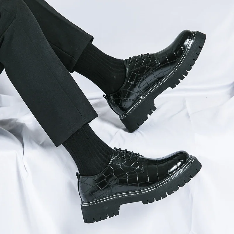 Men Shoes Lace-up Round Toe Stone Pattern Dress Shoes Size 38-46