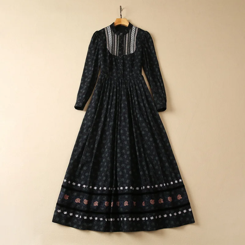 

European and American women's dress 2023 summer new style Long sleeve stand collar cotton floral print Fashion pleated dress XXL