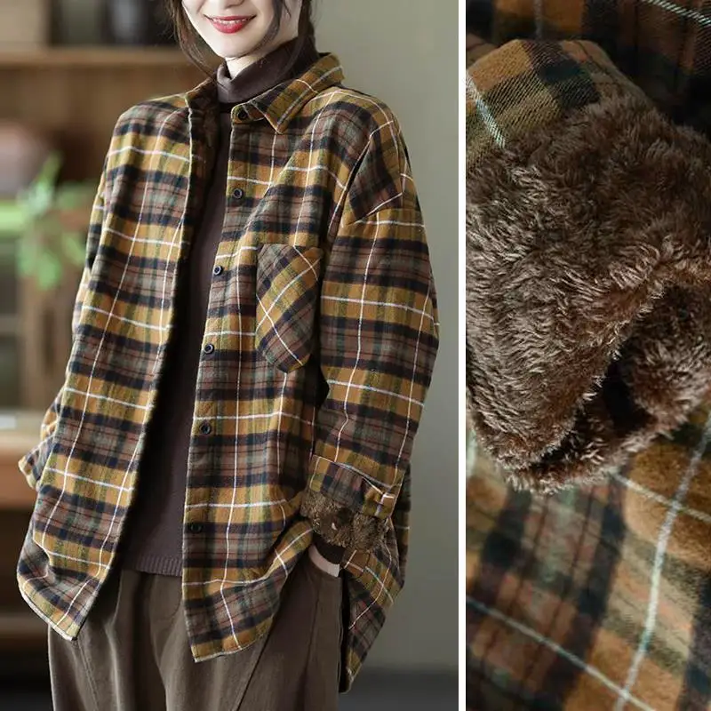 Autumn Winter Women's Turn-down Collar Plaid Button Pocket Striped Long Sleeved Shirt Cardigan Coats Fashion Casual Vintage Tops