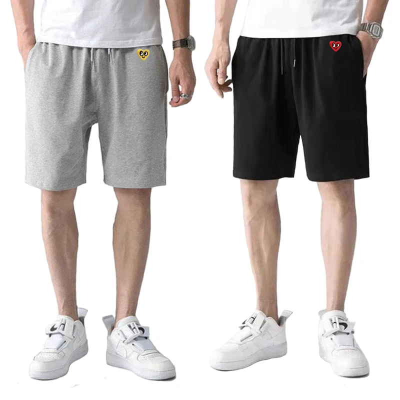 

Men Women Short Pant Happy Heart Cartoon Heart Embroidery Five-point Pants Elastic Drawstring Pocket Summer Pants