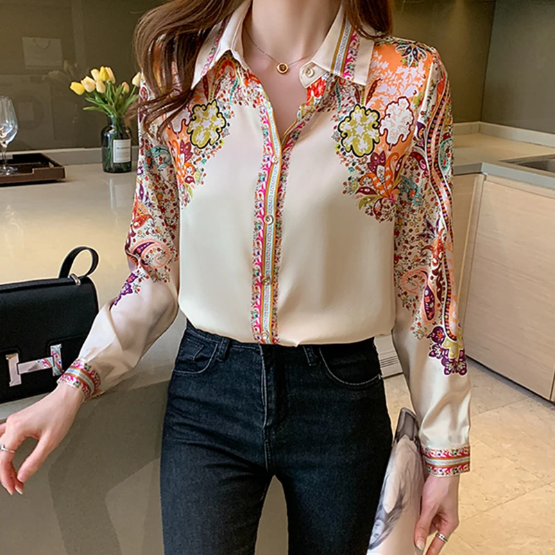 Floral Print Satin Blouse for Women Long Sleeve Office Tops