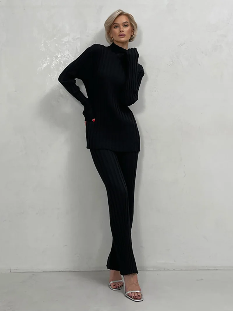 Ribbed Knit Two Piece Set Women Tracksuit Casual Korean Piece