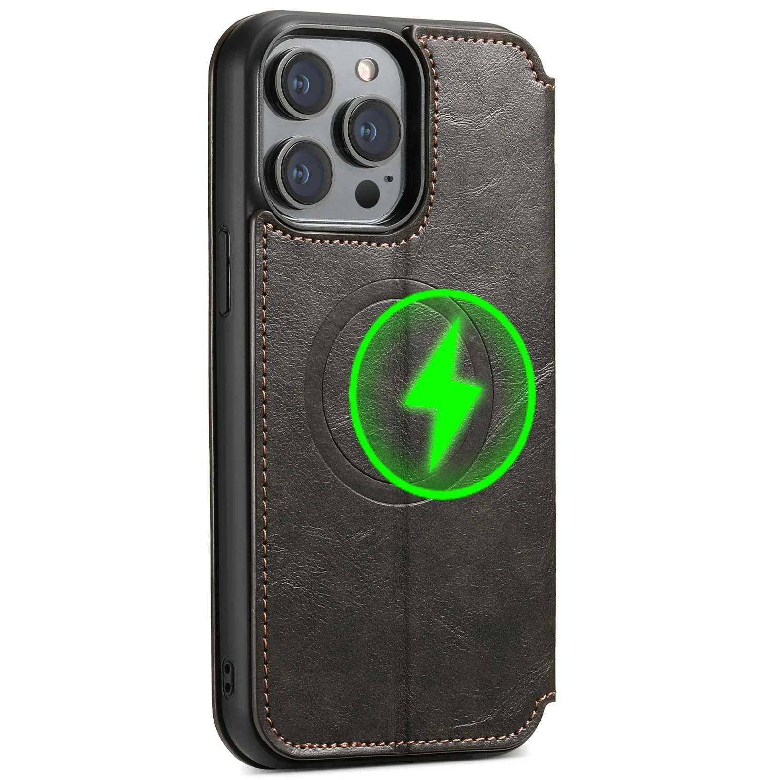 Magnetic Leather Wallet Phone Case with Wireless Charging & Kickstand