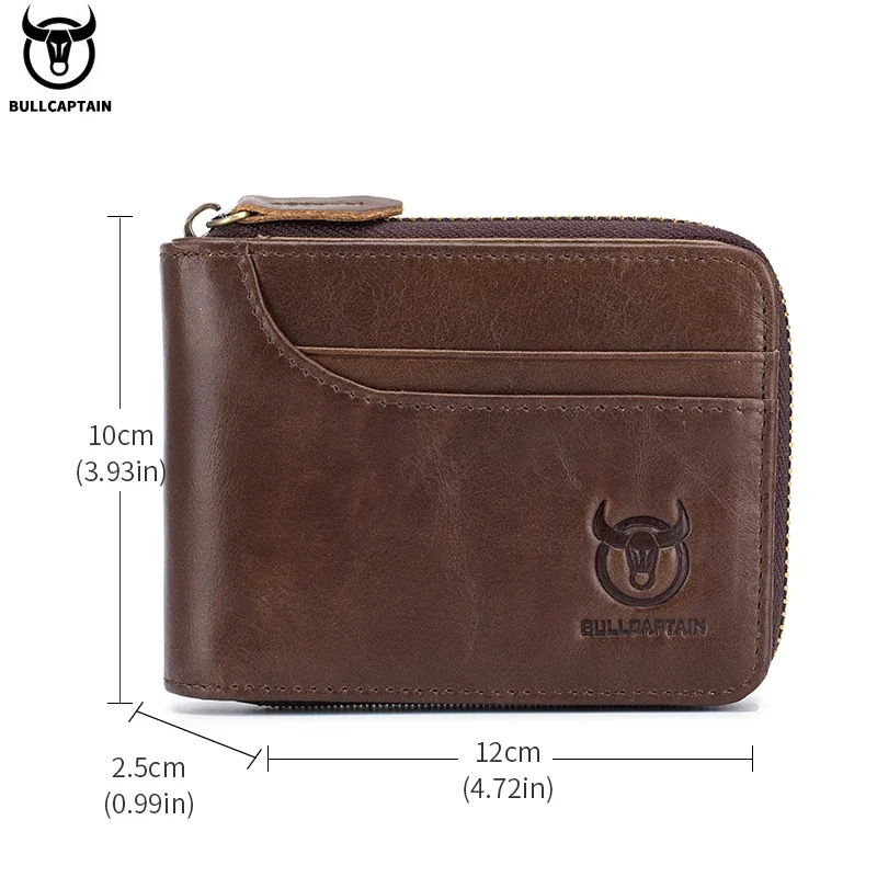 BULLCAPTAIN Men's Genuine Leather Wallet Business Casual Retro RFID Zipper Coin Purse Multi-Card Slot Cash Clip