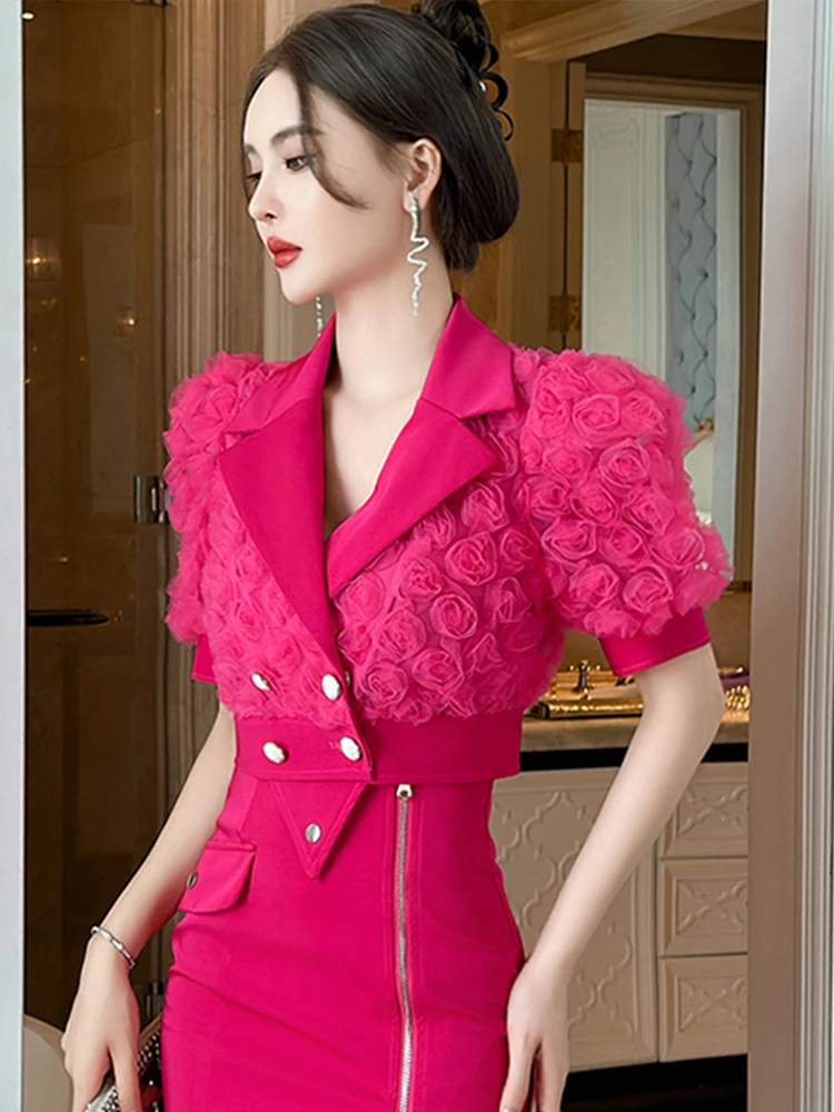 Elegant Fashion Short Shirt Women 3D Rose Mesh Bubble Sleeve