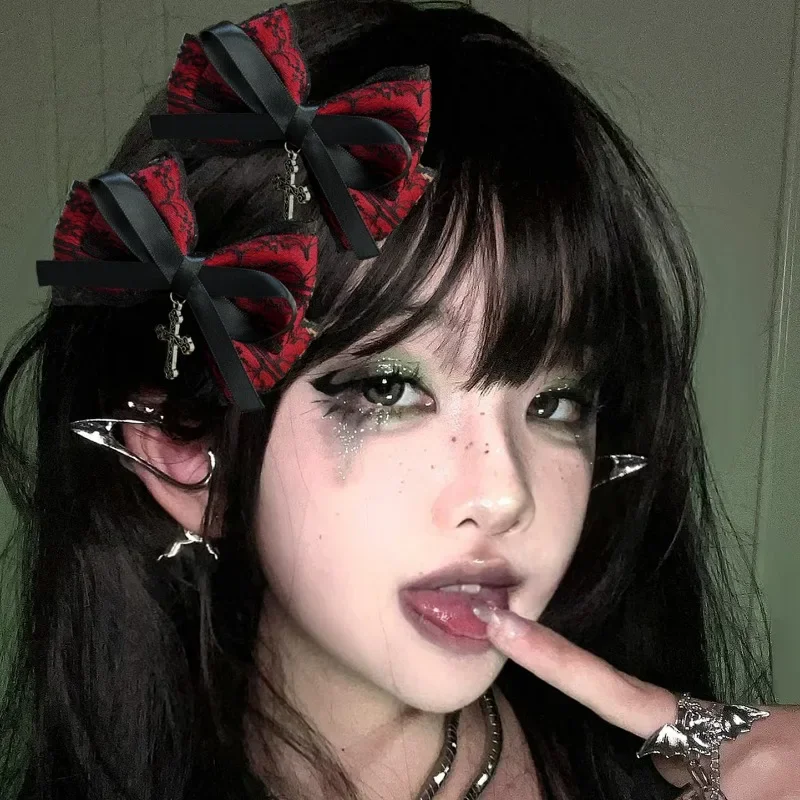 Y2k Gothic Cross Pendant Lace Bow Hair Clips for Woman Girls Dark Sweet Cool Personalized Hairpins Lolita Girl Hair Accessoires