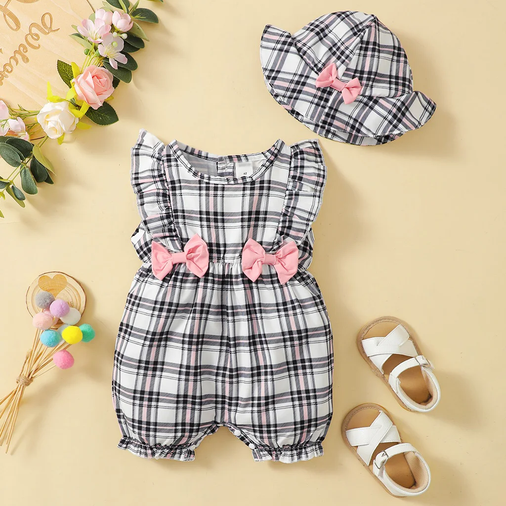 0-18 Months Newborn Baby Girl Clothes Cute Plaid Design Summer Romper+Hat 2Pcs Suit Fashion Holiday Clothing For Toddler Girl