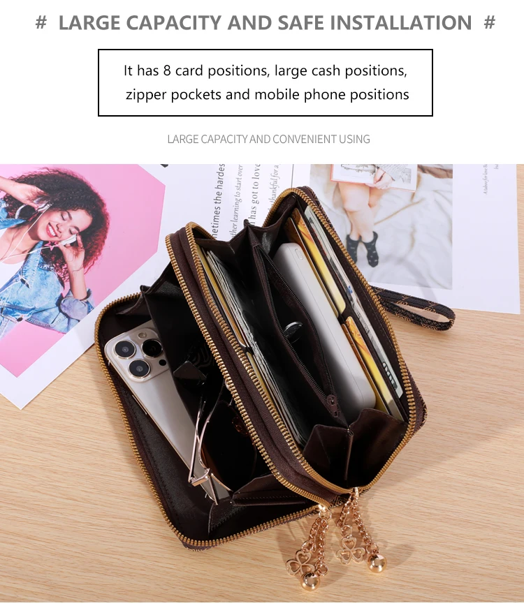 Einfache lange Brieftasche mit großem Fassung vermögen, Reiß verschluss aus Kunstleder, lässige multifunktion ale Clutch-Tasche – Detail 4