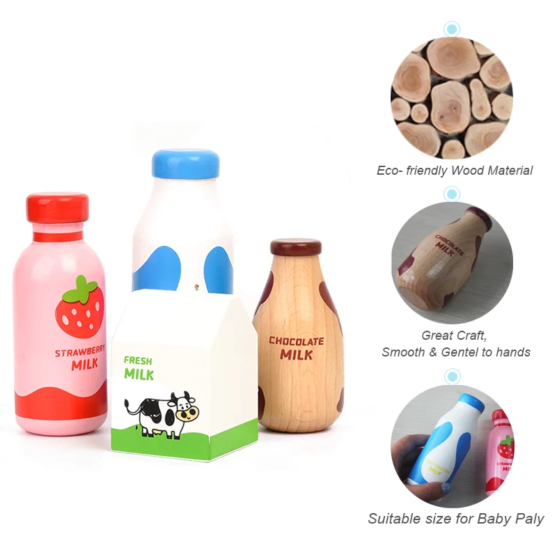 Children Pretend Play Wooden Milk Drink Set Kitchen Food Toys Montessori Learning Educational Kids Simulation Imitation Game 3