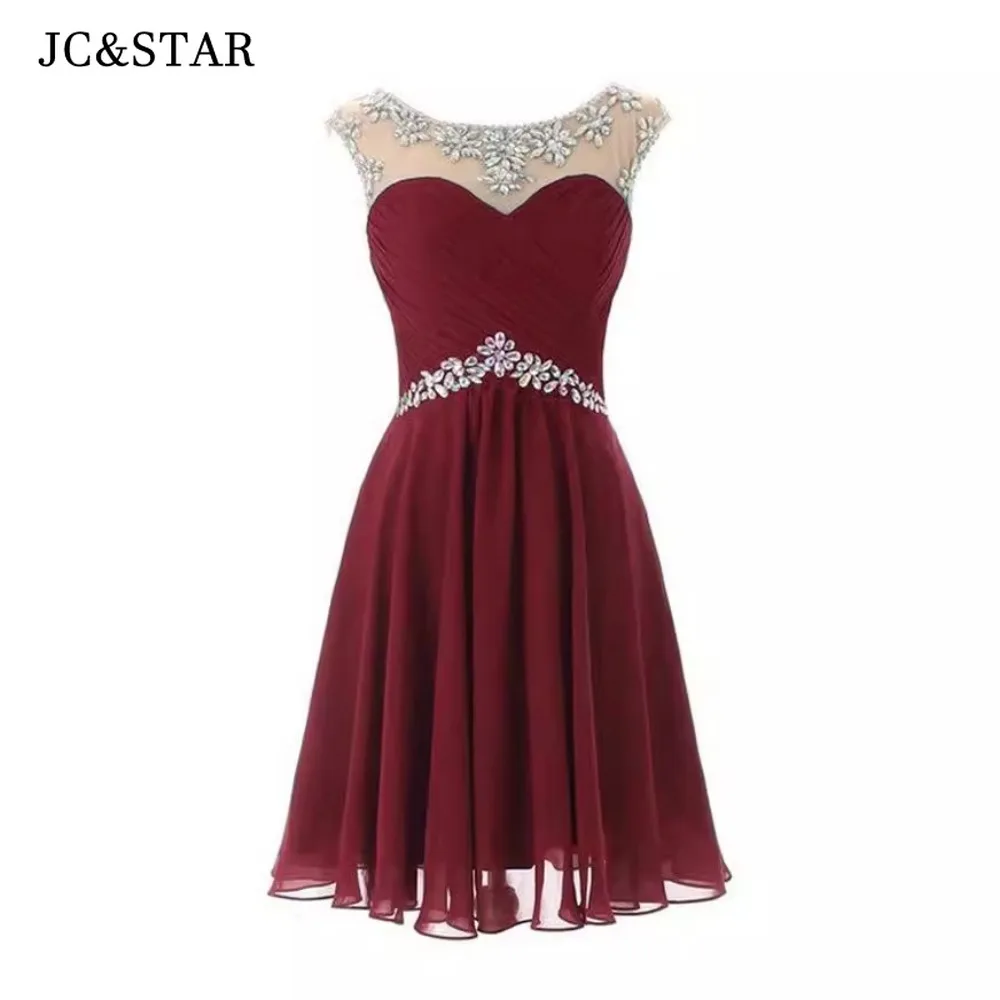 Burgundy New in Dresses Cocktail Chiffon Crystal A Line Scoop Evening Vestido Festa Short Sexy Ballkleider Abiti Da Cerimonia