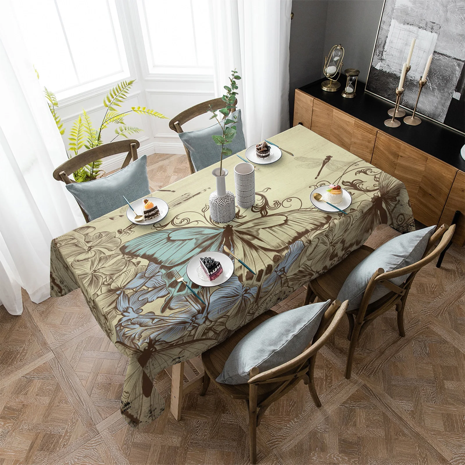 

Wood Grain Plant Butterfly Retro Tablecloths for Dining Table Waterproof Rectangular Table Cover for Kitchen Living Room