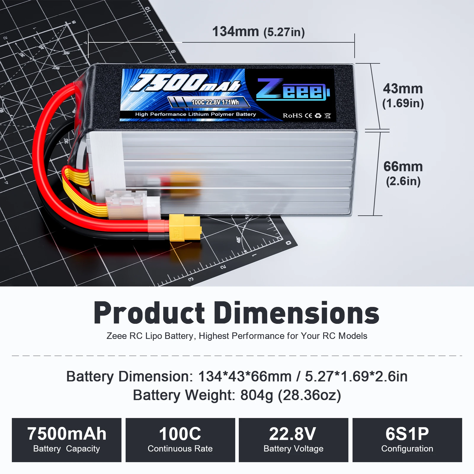 Zeee 6S 6500mAh 7500mAh Lipo FPV Drone Battery 22.2V 100C 6000 with XT60 Plug Softcase for RC Helicopter Airplane RC Model Parts